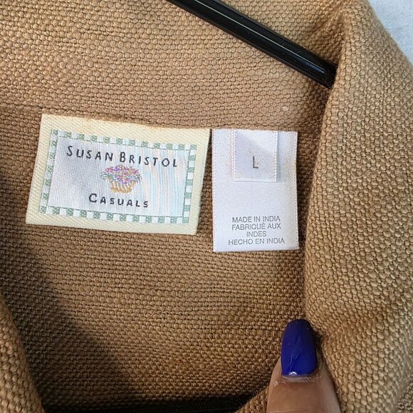 Susan Bristol Sleeveless Tweed Button Front Vest Large Tan Cotton Pockets - Picture 2 of 8